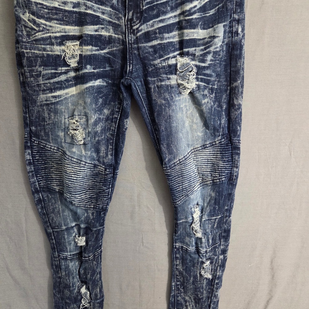 Encrypted Supply Co Mens Acid Wash Biker Jeans Distressed Moto Denim Blue 34x30 - Picture 2 of 8